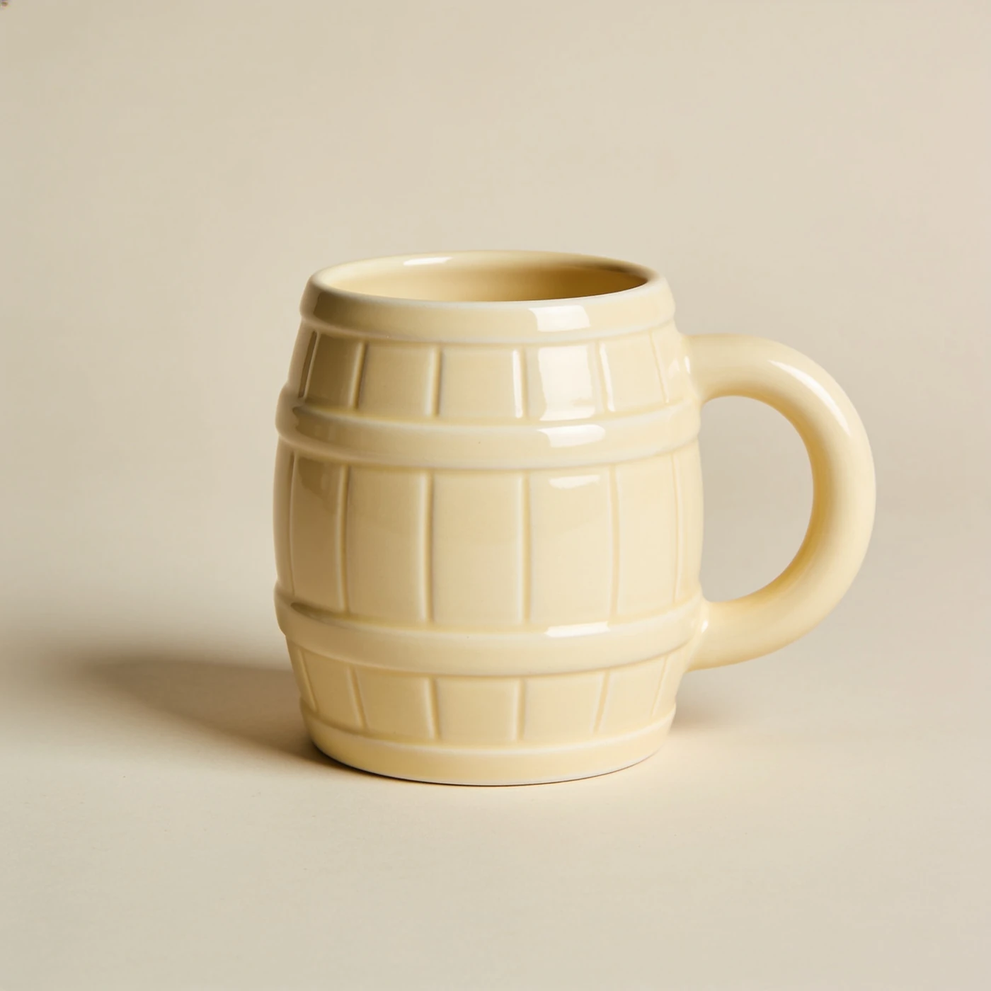 Hearth Barrel Mug — warm ivory glazed stoneware; rounded barrel body and large loop handle