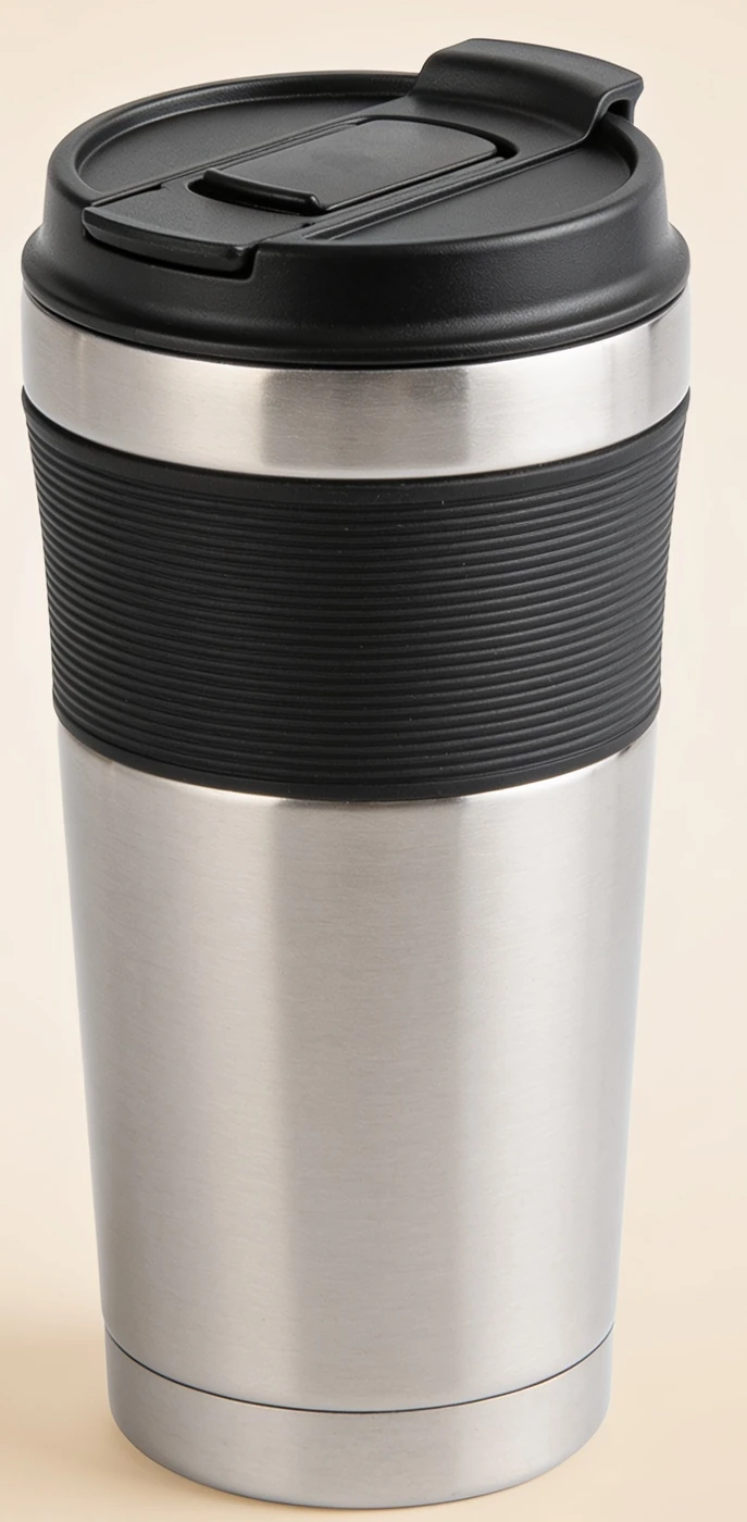 Commute Slide Tumbler — brushed stainless steel double-wall body; black sliding sip lid