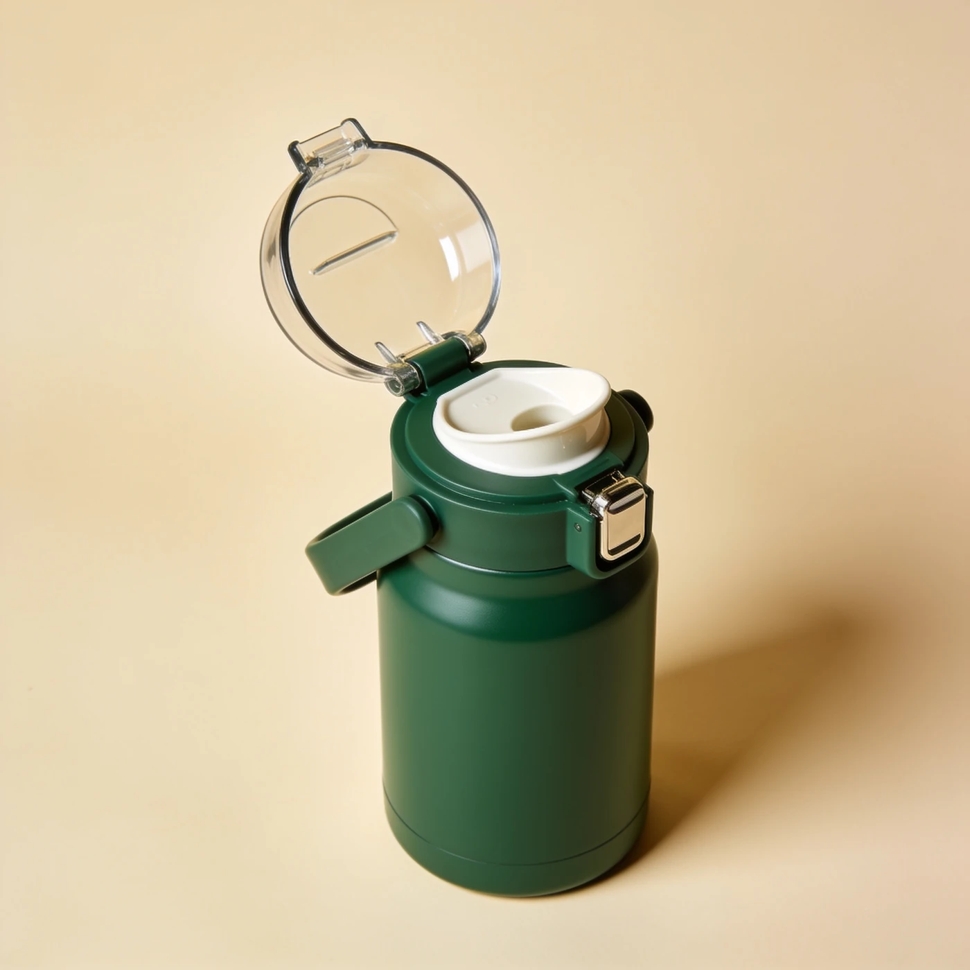 Trail Lock Tumbler — powder-coated forest stainless steel; double wall and locking flip lid