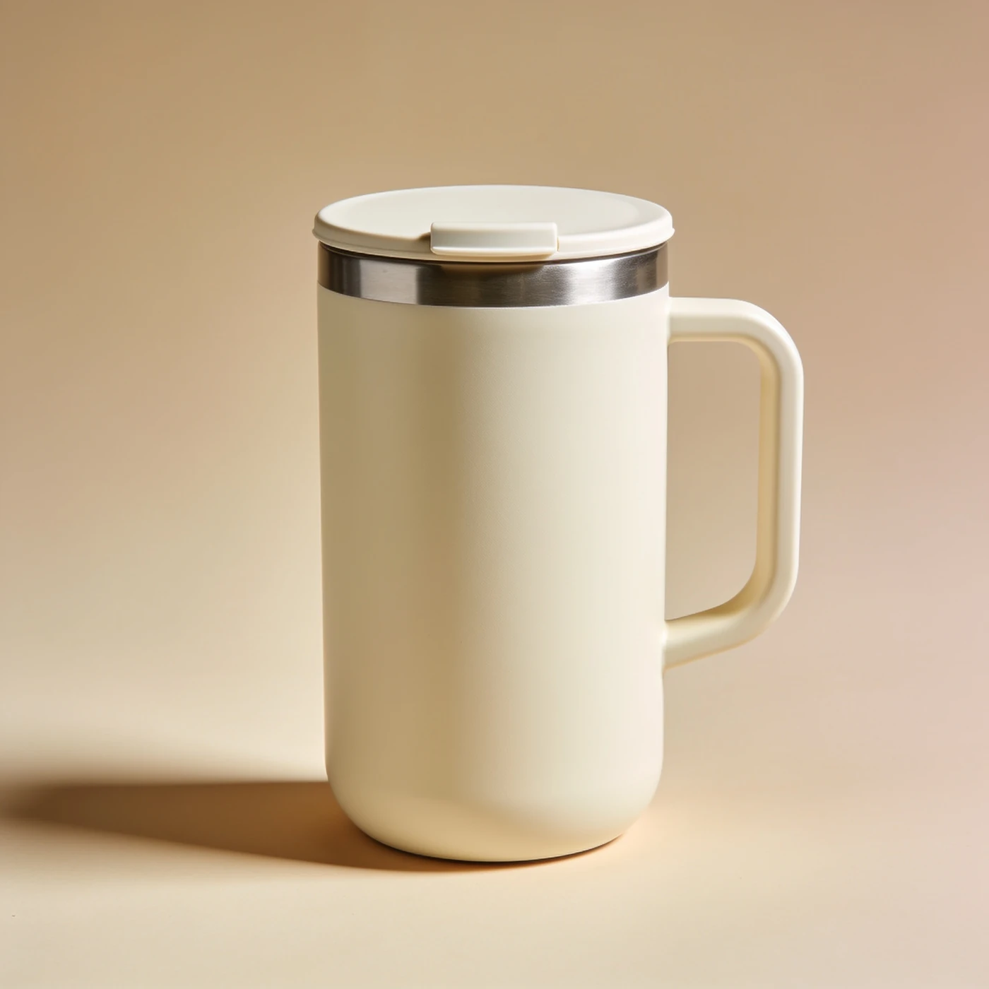 Desk Handle Tumbler — cream stainless steel double wall; attached side handle and press-fit lid
