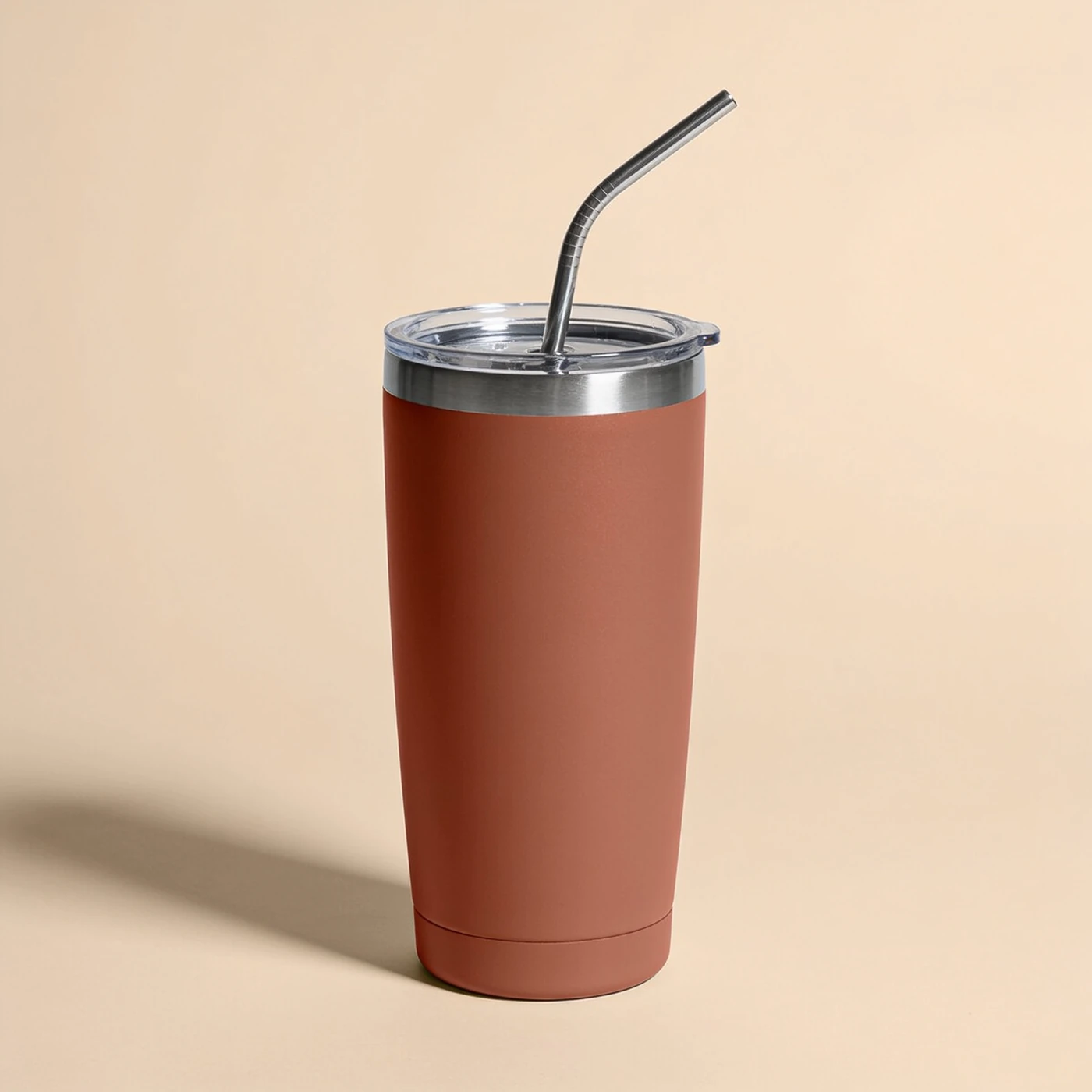 Studio Straw Tumbler — terracotta stainless steel double wall; clear lid and reusable steel straw